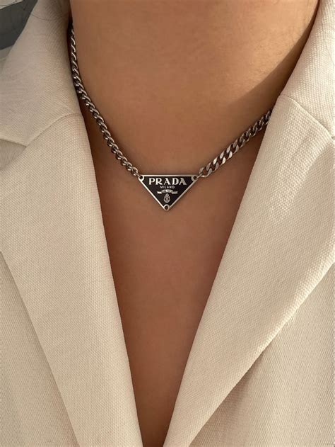 blue prada necklace|silver Prada pendant necklace.